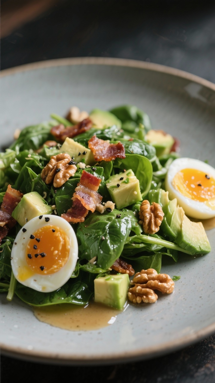 Final dish presentation: Restaurant-quality plated Keto Spinach Salad on a matte ceramic plate; ingr
