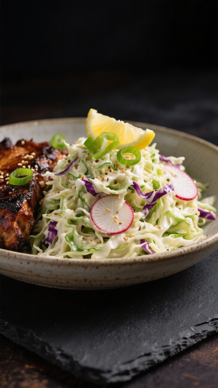 Final dish presentation: Restaurant-quality plating of keto coleslaw as a side to BBQ proteins, feat