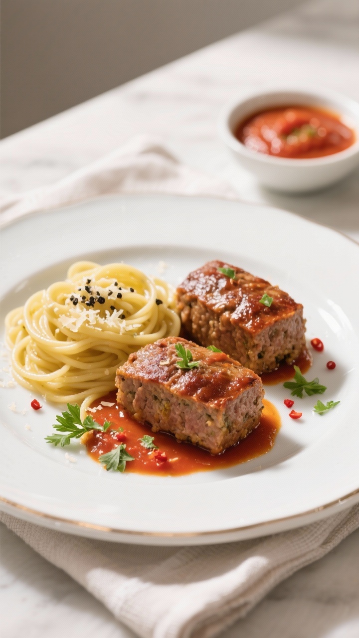 Final dish presentation: Restaurant-quality plating of two mini Italian meatloaves on a white rimmed