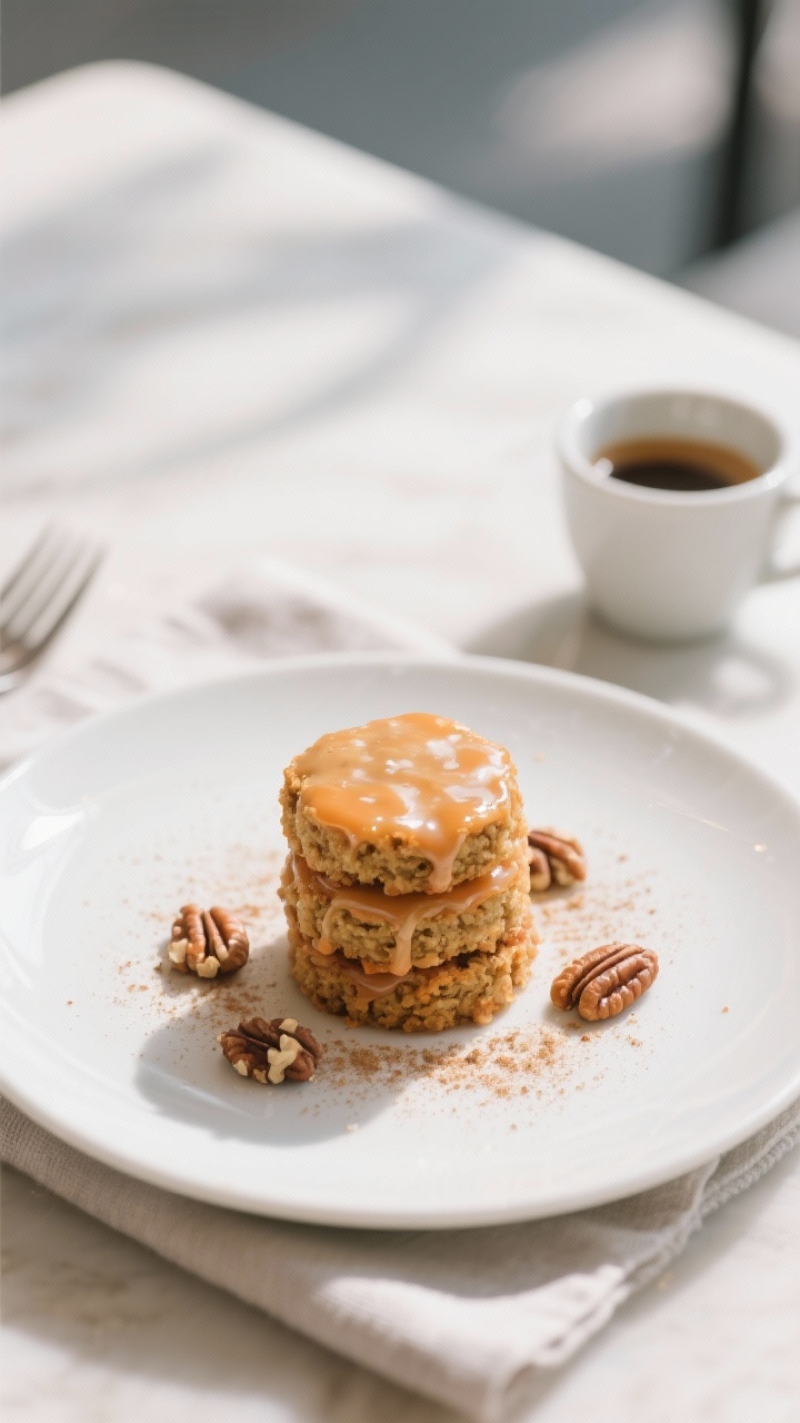 Final dish presentation: Restaurant-quality plating of a small stack of glazed mini carrot cake cook