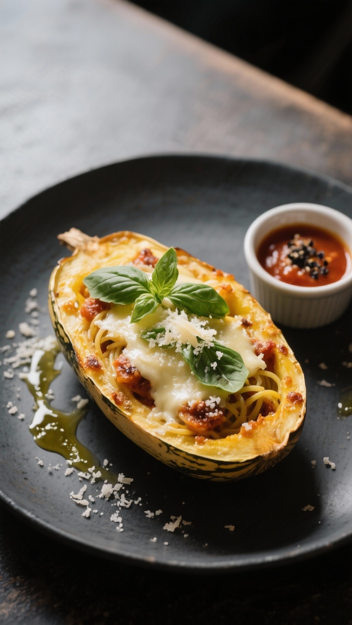 Final dish presentation: Restaurant-quality plating of a stuffed spaghetti squash half on a matte ch