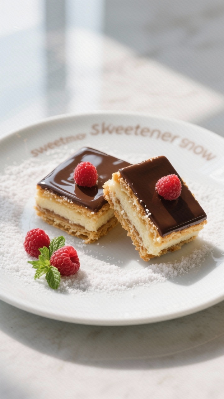 Final dish presentation: Restaurant-quality plating of two neat squares of Keto Eclair Cake on a mat