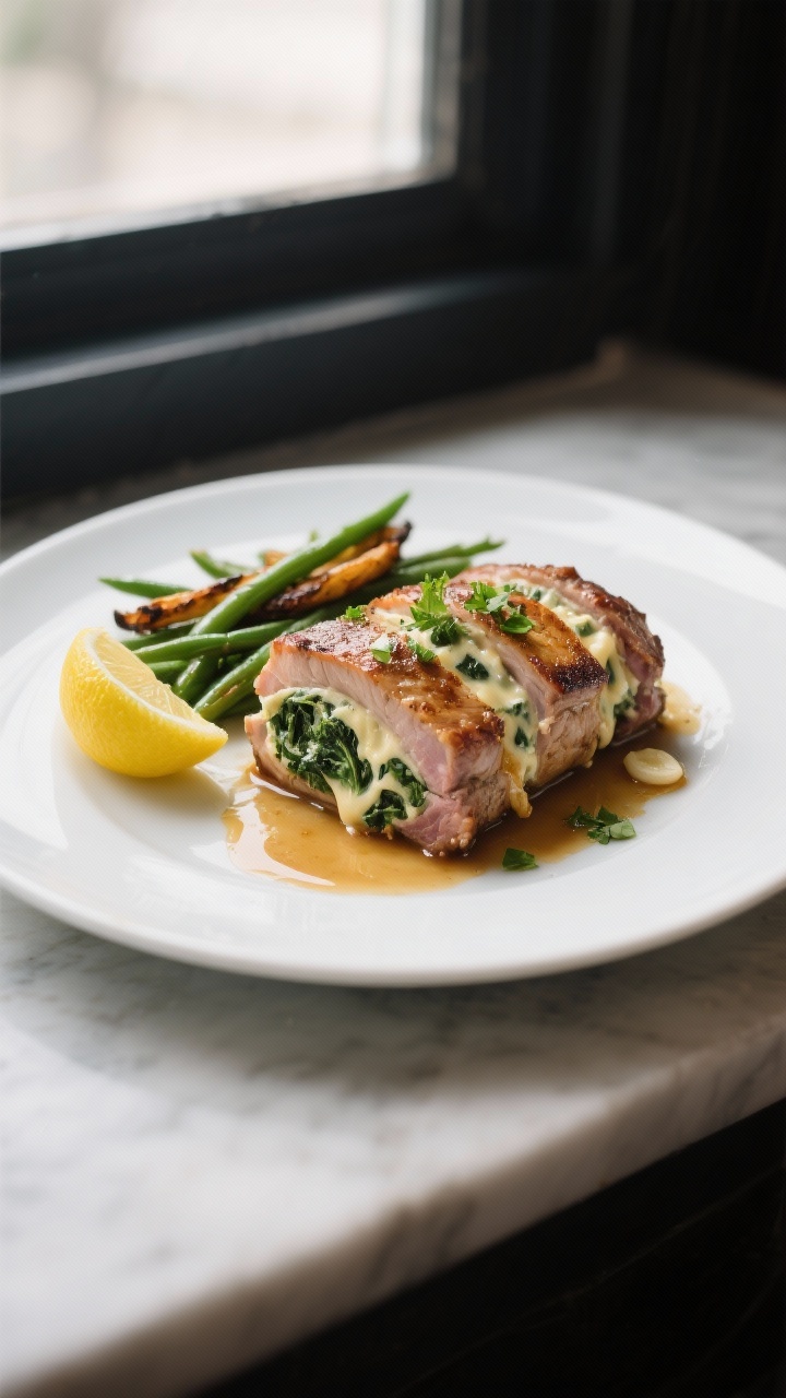 Final dish presentation: Restaurant-quality plating of cheesy stuffed pork chops sliced to reveal th