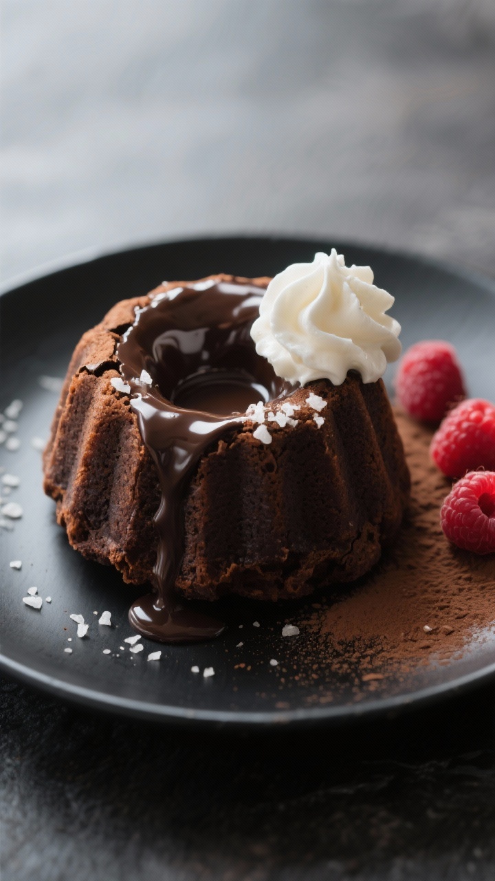 Final dish presentation: Restaurant-quality plating of a keto molten lava cake centered on a slate-b