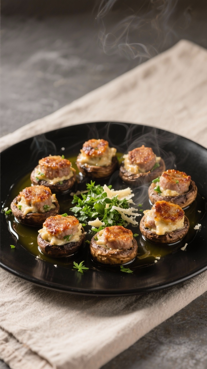 Final dish presentation: Restaurant-quality plating of Keto Sausage Stuffed Mushrooms arranged in a 