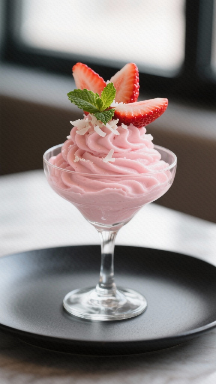 Final dish presentation: Restaurant-quality plating of keto strawberry mousse piped into a clear cou