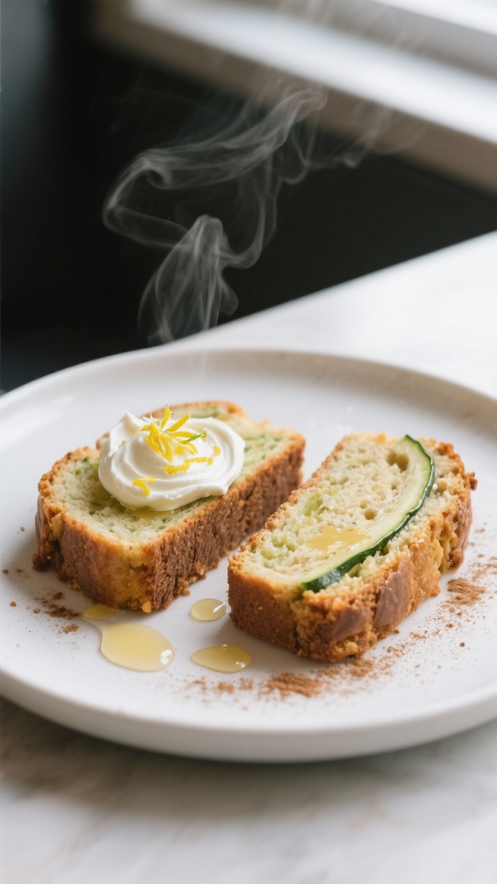 Final dish presentation: Restaurant-quality plating of two thick slices of keto zucchini bread on a 