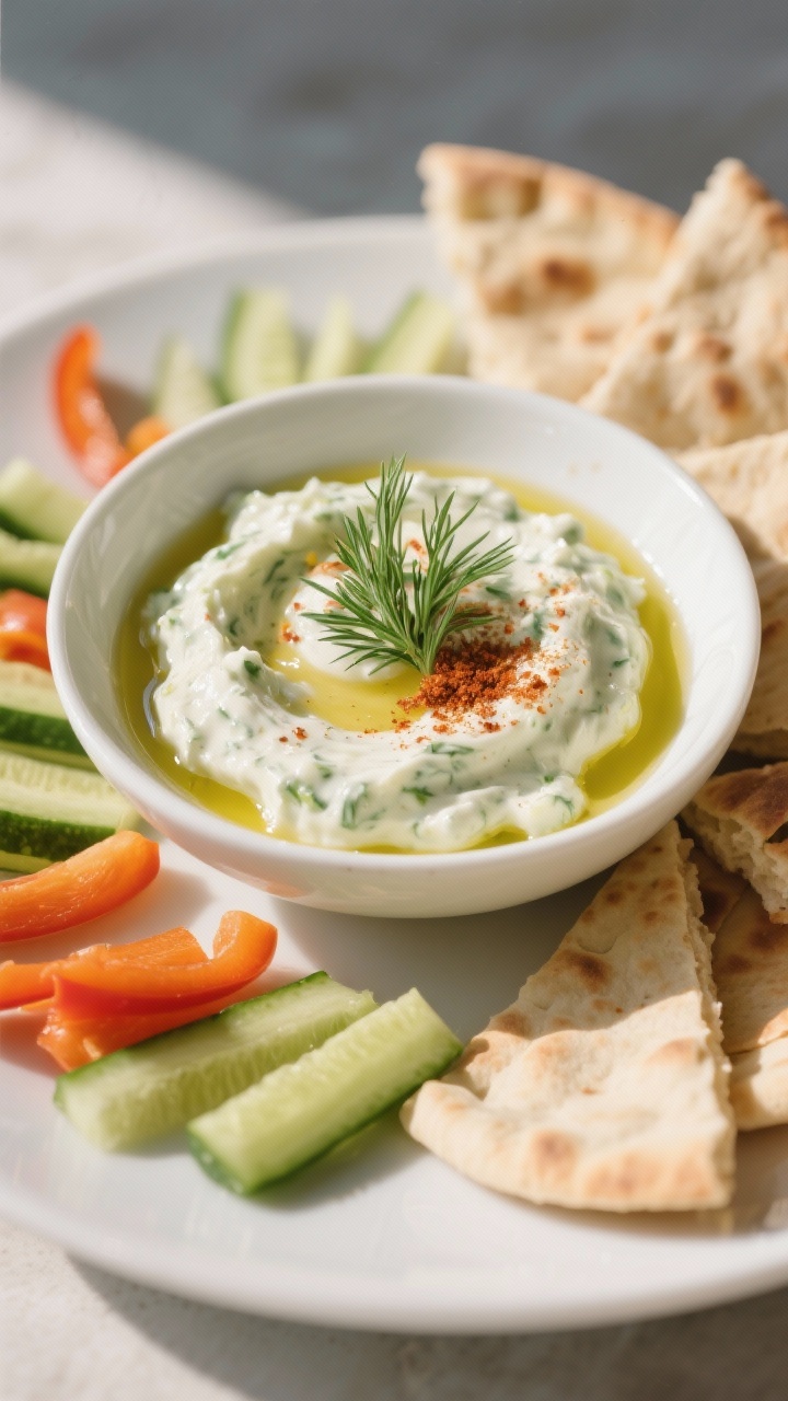 Final dish presentation: Restaurant-quality plating of keto tzatziki in a shallow white bowl with a 