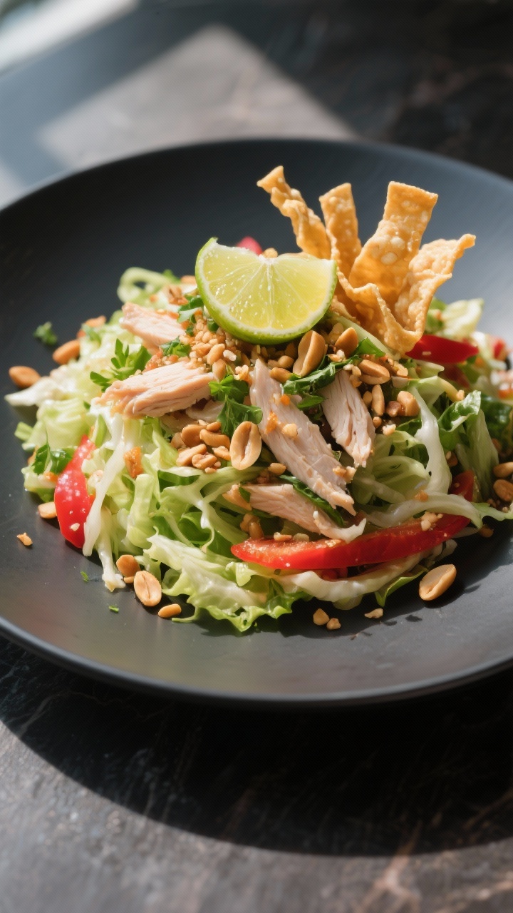 Final dish presentation: Restaurant-quality plating of Thai Chicken Salad as a main—mounded salad 