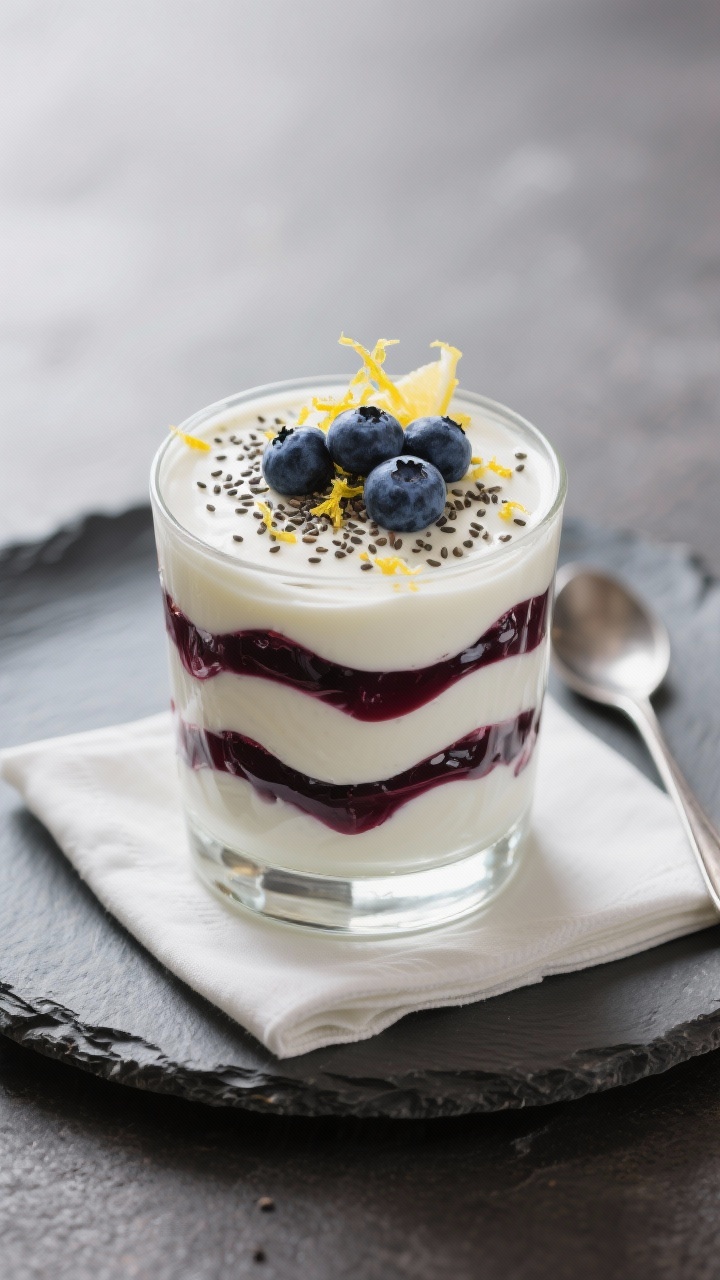 Final dish presentation: Restaurant-quality plating of Greek yogurt parfait layered with ribbons of