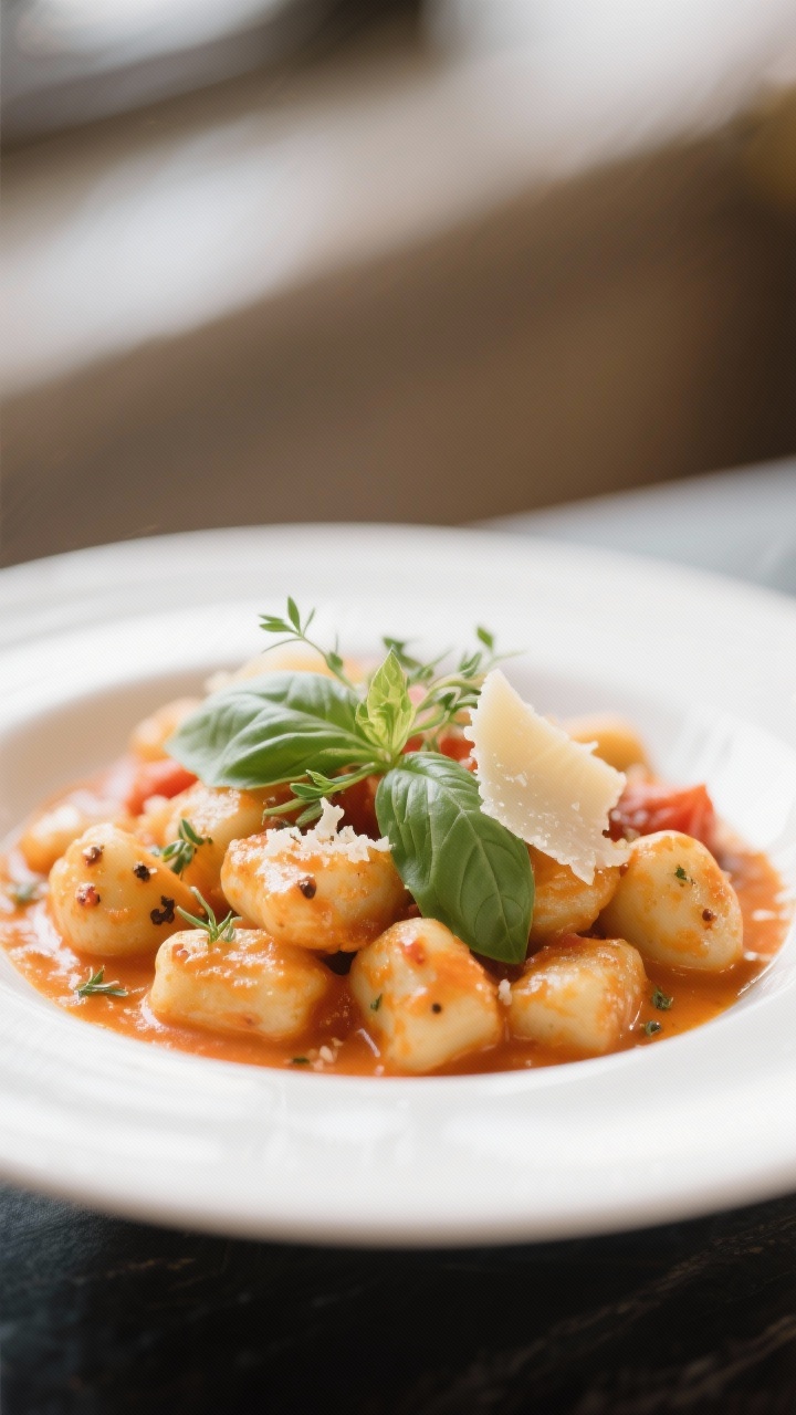 Final dish presentation: Restaurant-quality plating of pillowy gnocchi enveloped in the creamy tomat