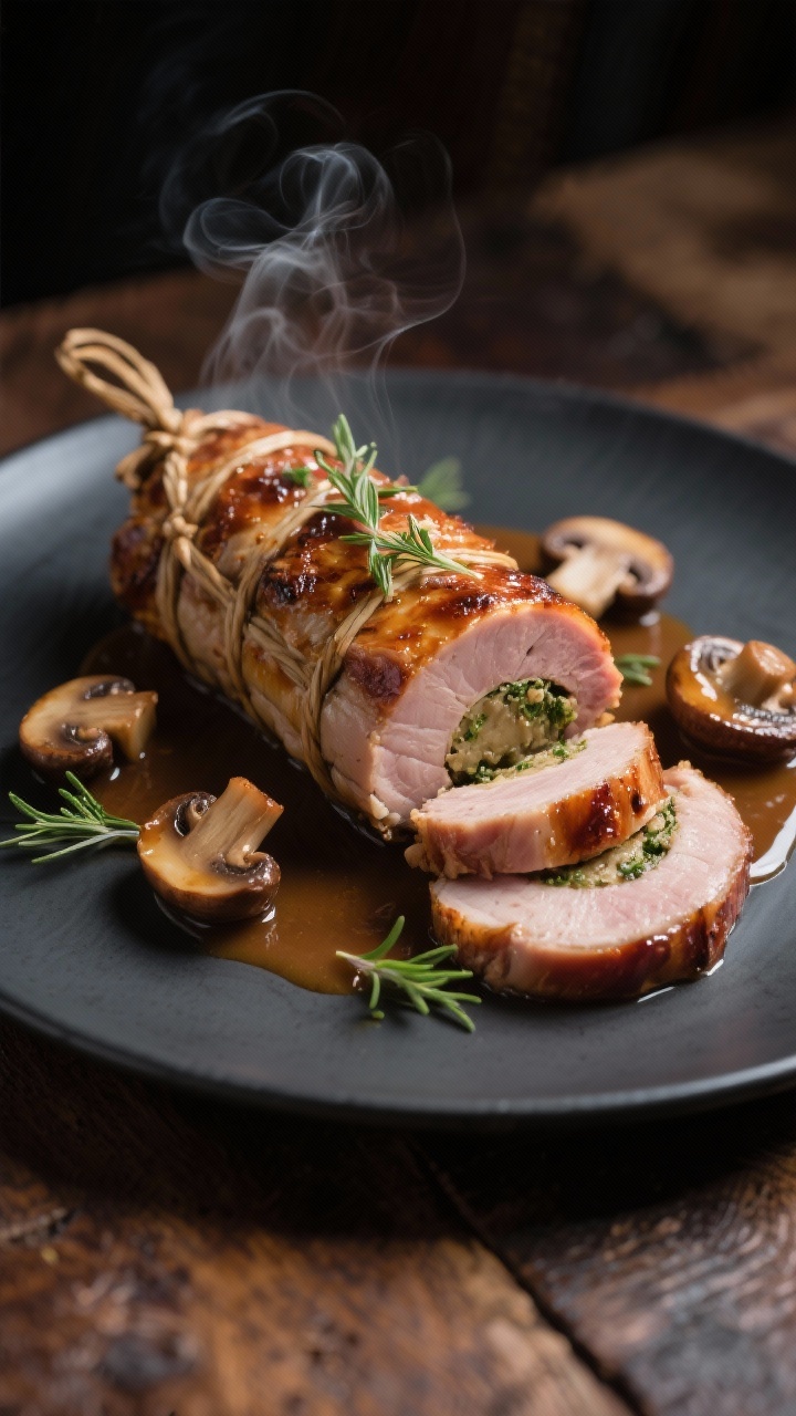 Final dish presentation: Restaurant-quality plating of a tied and roasted stuffed pork tenderloin, s