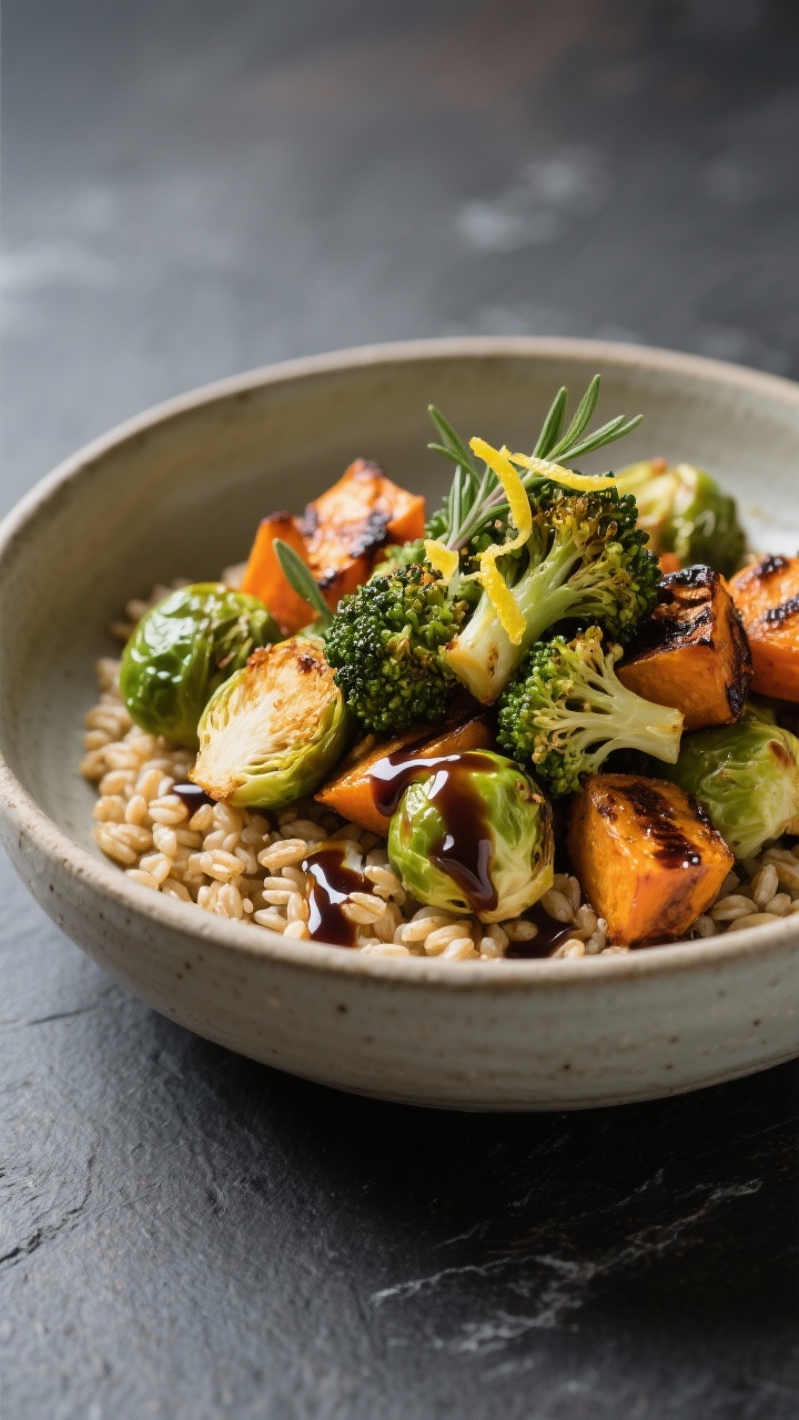 Final dish presentation: Restaurant-quality plating of a composed grain bowl—farro topped with a g