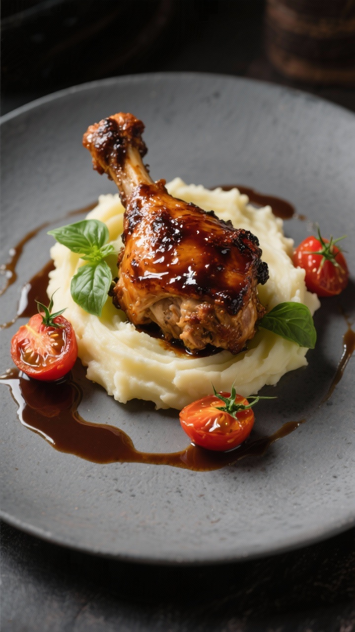 Final dish presentation: Restaurant-quality plating of balsamic chicken thighs, bone-in, deeply cara