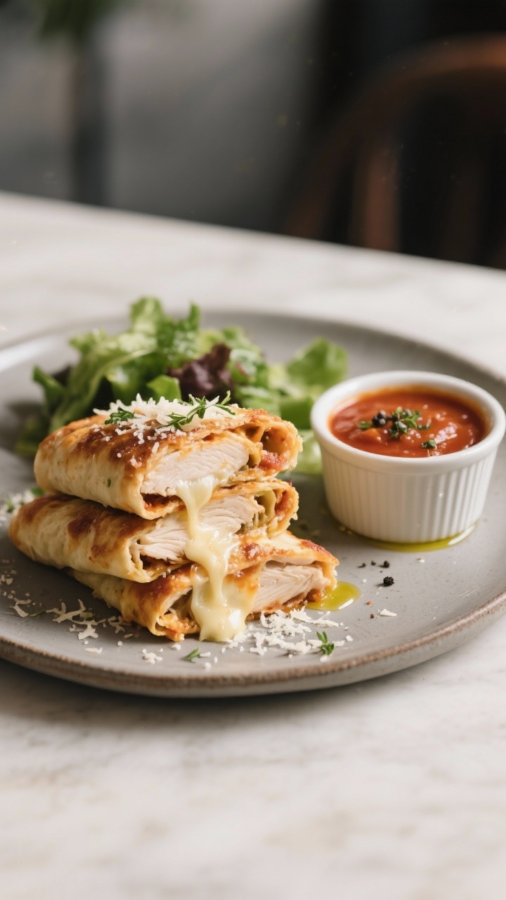 Final dish presentation: Restaurant-quality plating of chicken stromboli slices stacked slightly to 