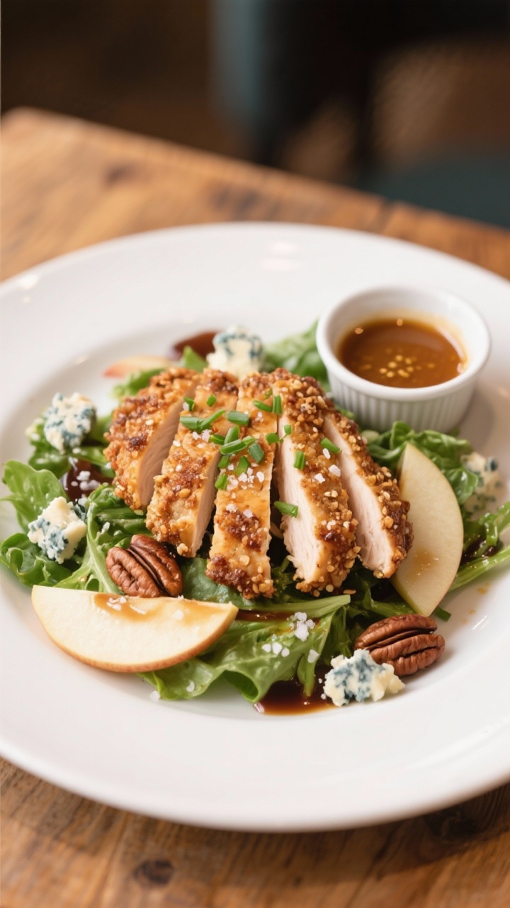 Final dish presentation: Restaurant-quality plating of pecan-crusted chicken tenders sliced on a dia