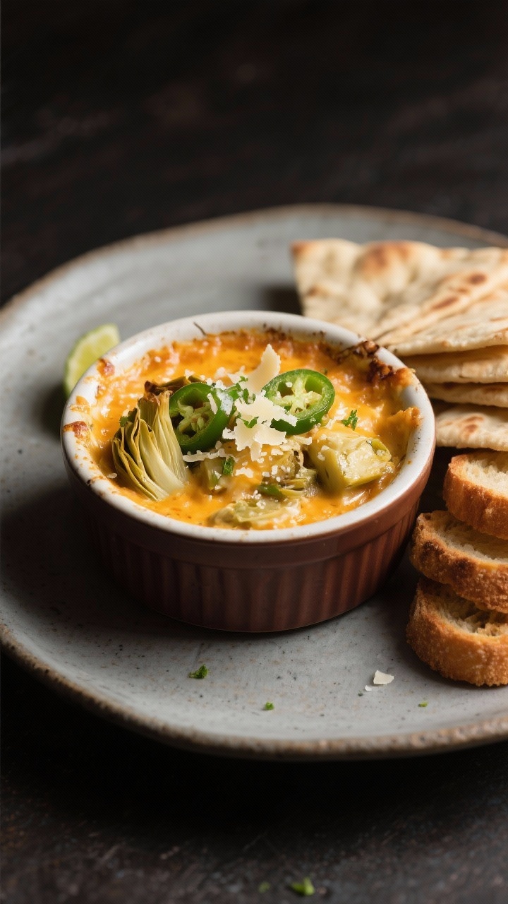 Final dish presentation: Restaurant-quality plating of a small ramekin of warm Poblano Artichoke Dip