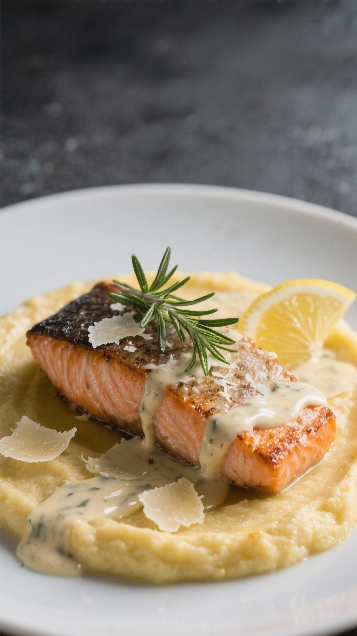 Final dish presentation: Restaurant-quality plating of pan-seared salmon atop creamy polenta, napped