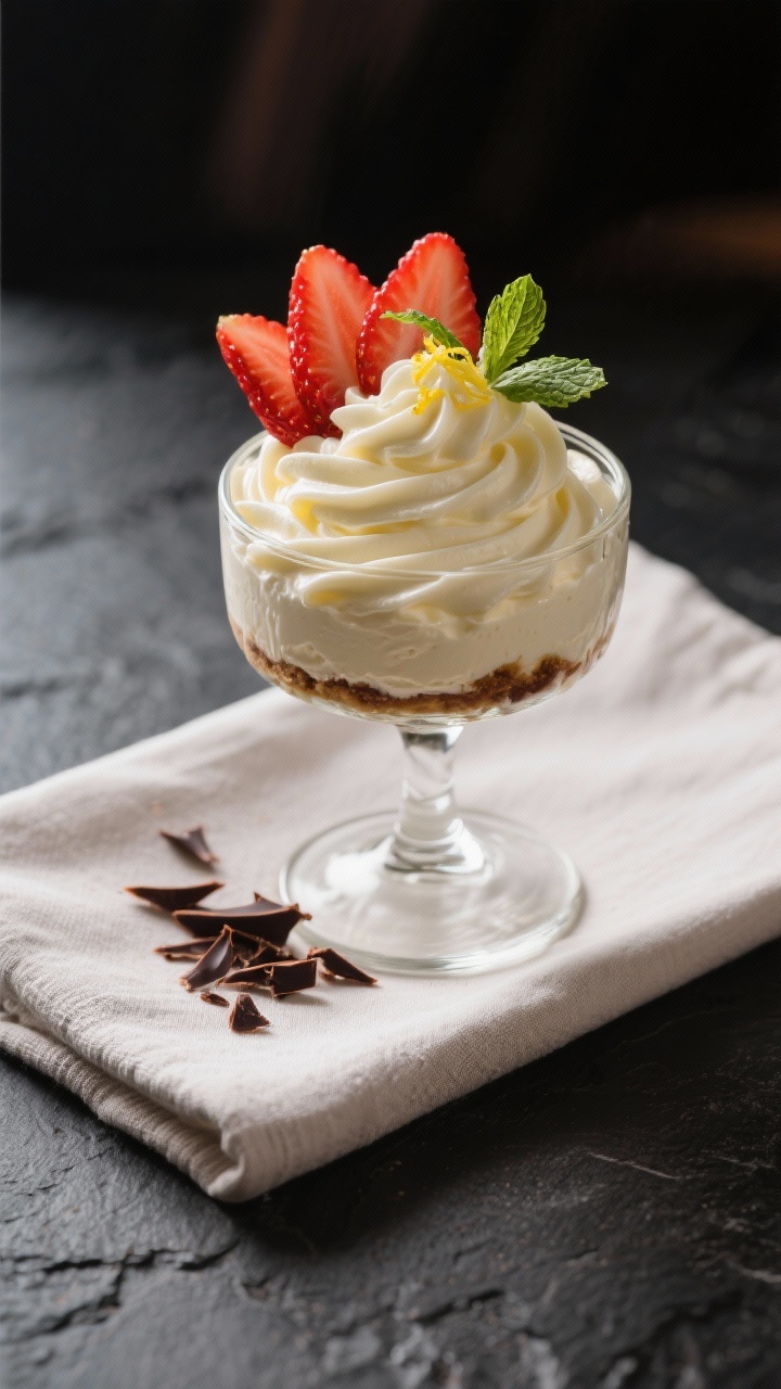 Final dish presentation: Restaurant-quality plating of keto strawberry cheesecake mousse (with cream