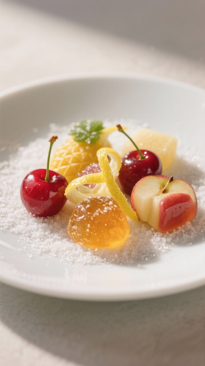 Final dish presentation: Restaurant-quality platter of mixed-flavor gummies (ruby cherry, golden pin