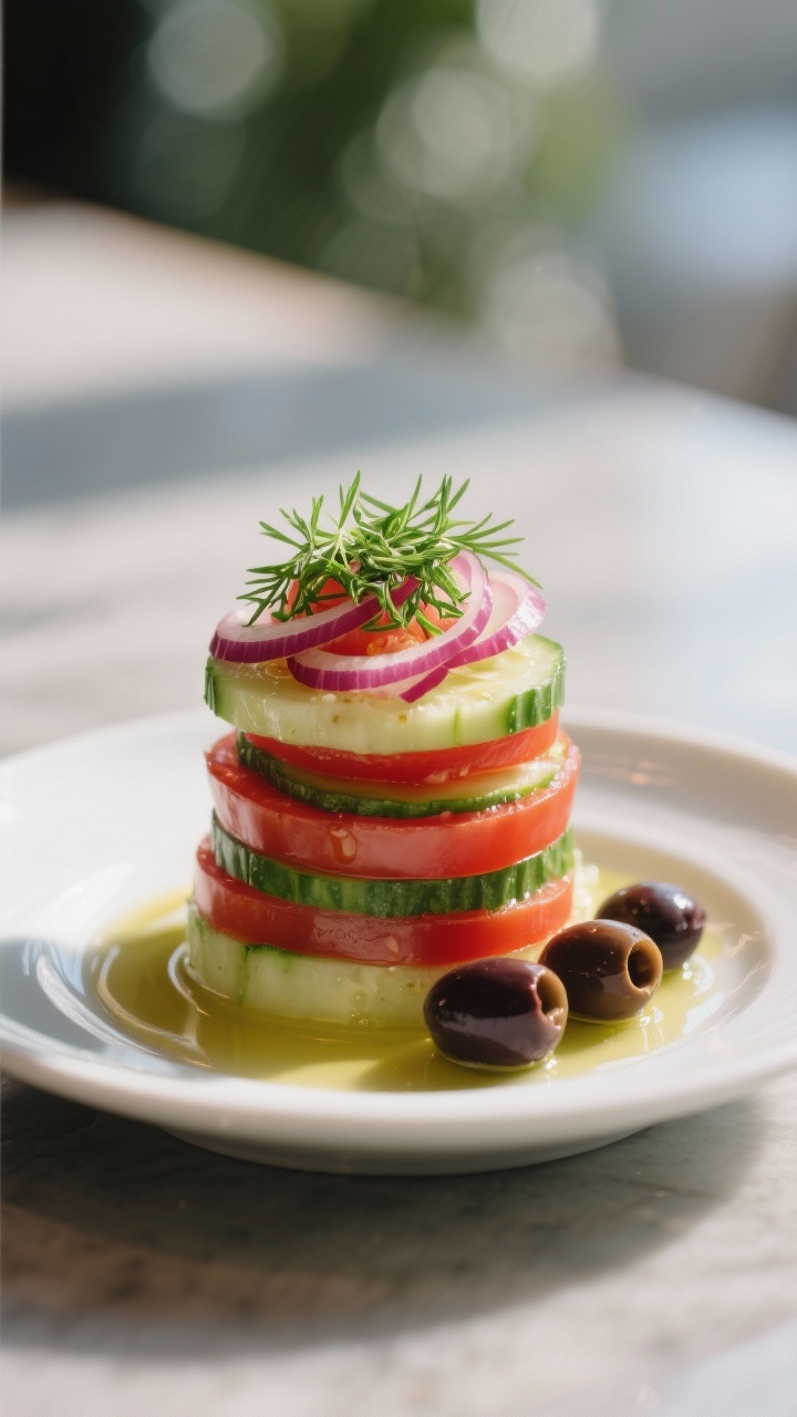 Final dish presentation: Restaurant-quality single serving in a shallow coupe plate—stacked layers