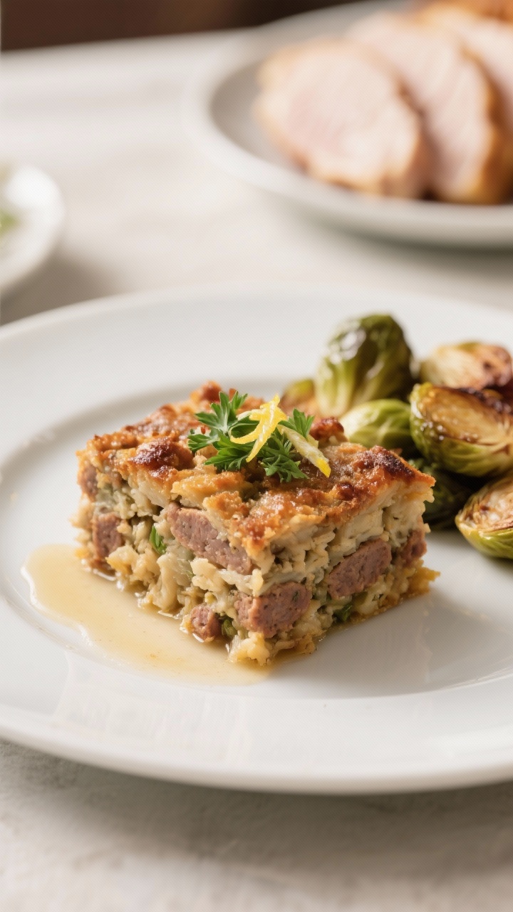 Final dish presentation: Restaurant-quality slice of keto sausage stuffing plated as a side—neat s