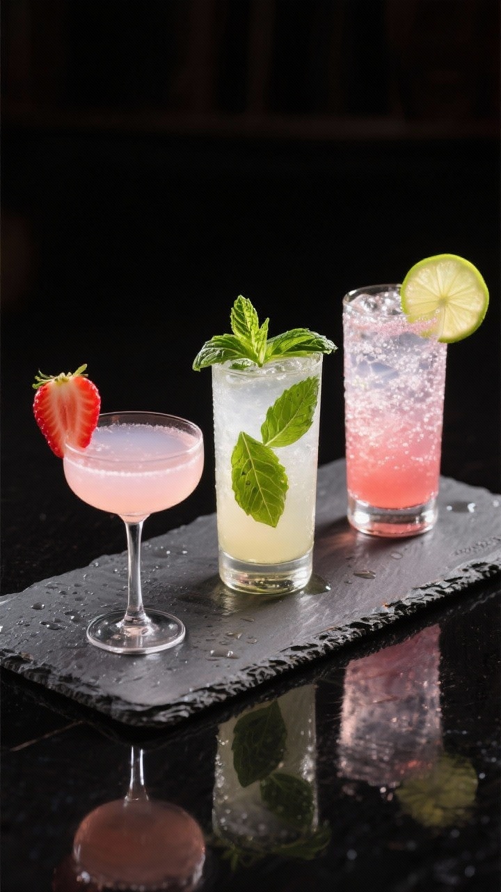 Final dish presentation: Restaurant-quality Strawberry Gimlet trio for variations—left: classic gi