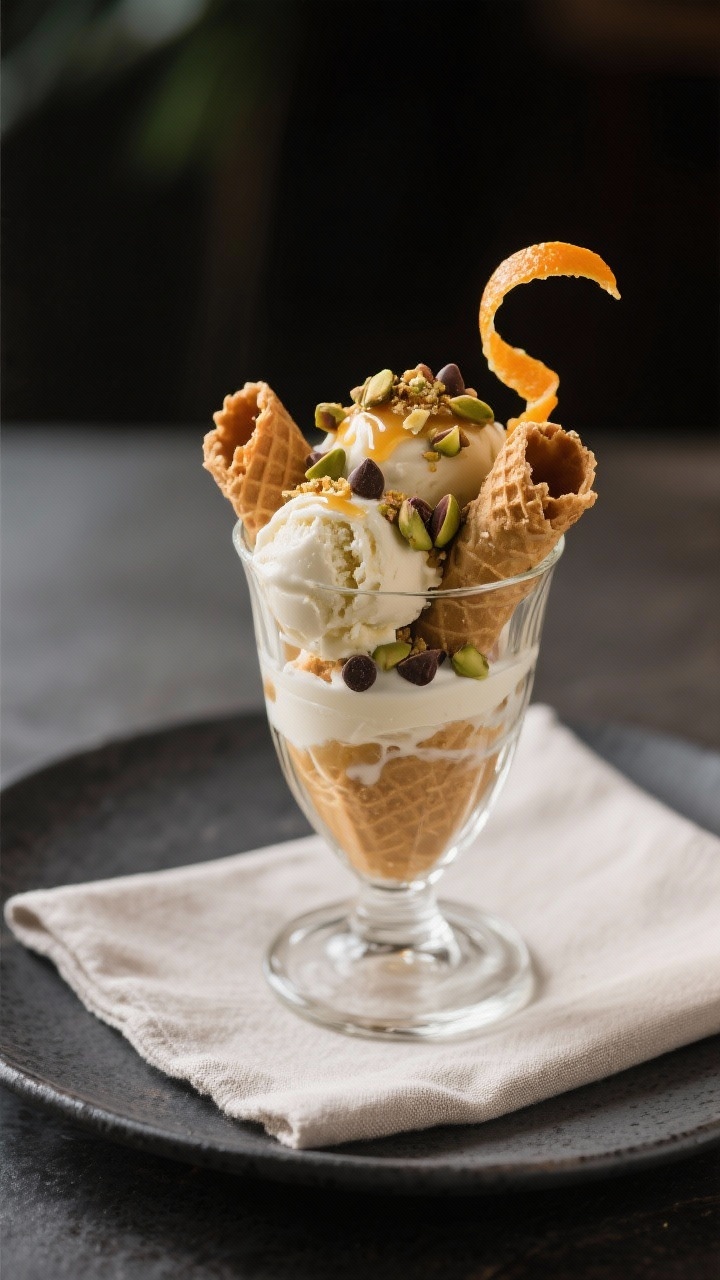Final dish presentation: Restaurant-quality sundae glass filled with cannoli ice cream scoops, toppe
