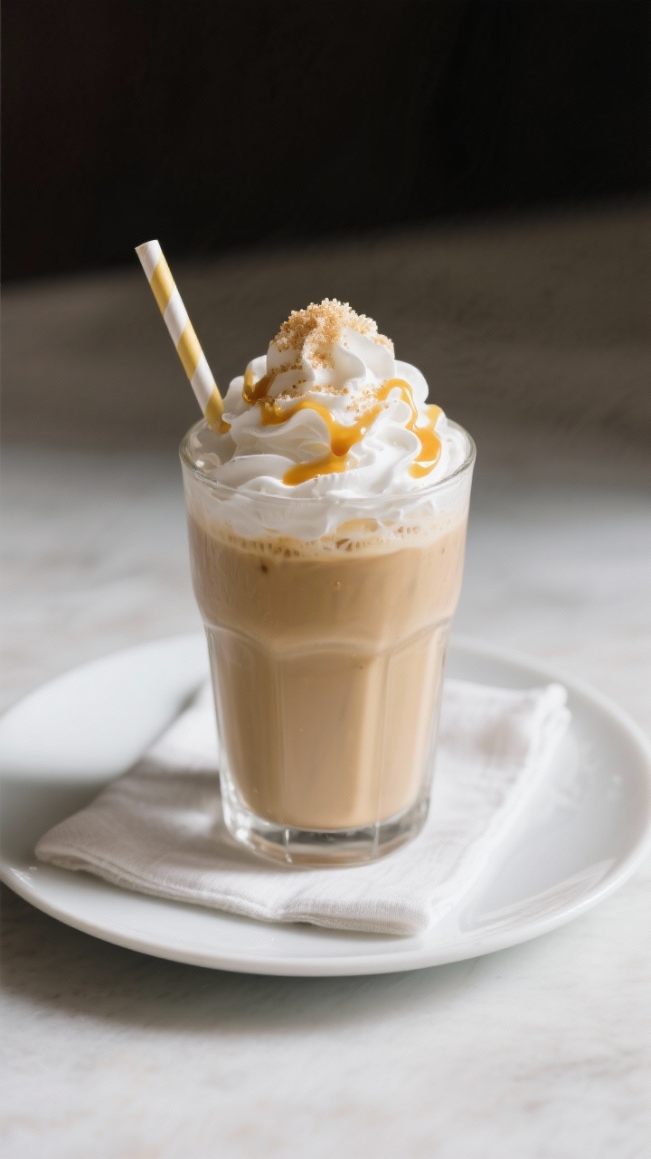 Final dish presentation: Restaurant-quality Vanilla Bean Frappuccino served in a tall frosted glass,