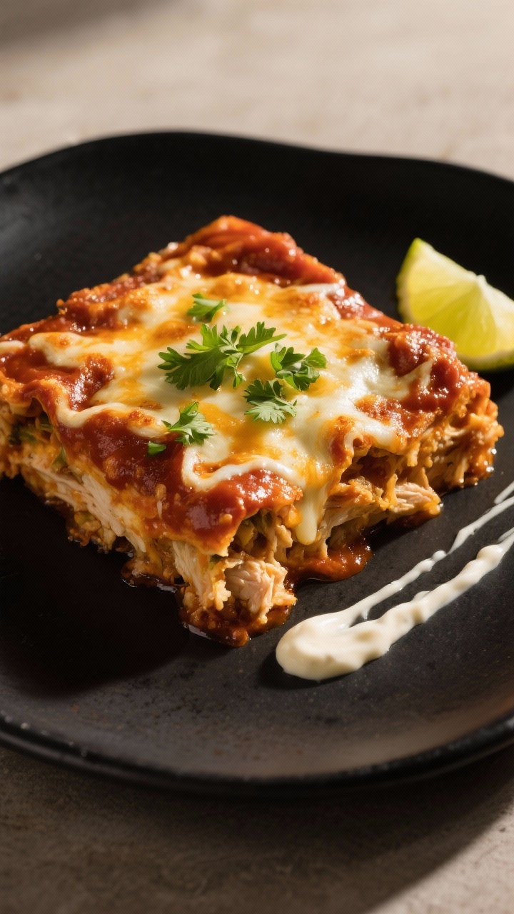 Final dish presentation: Restaurant-style low-carb chicken enchilada casserole slice on a matte blac