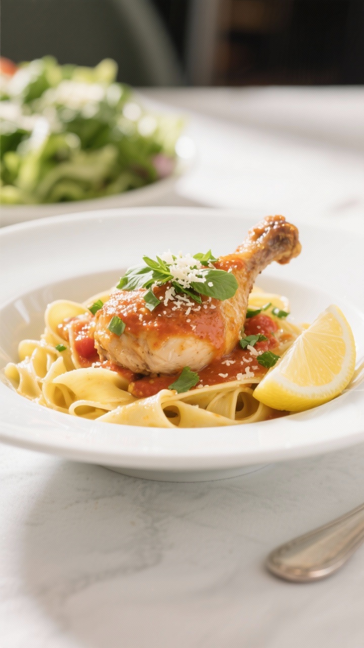 Final dish presentation: Restaurant-style plated Chicken Al Forno—one thigh on a shallow white bow