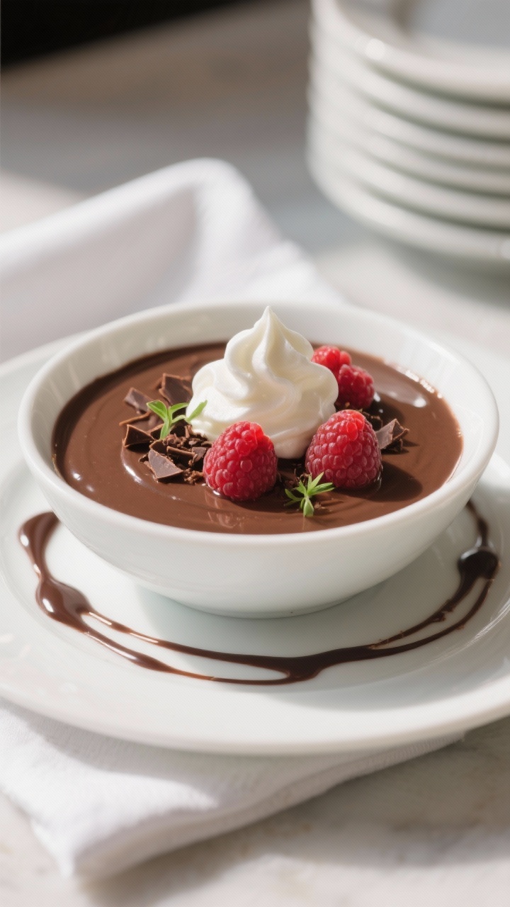 Final dish presentation: Restaurant-style plated chocolate pudding in a low, wide white bowl with a