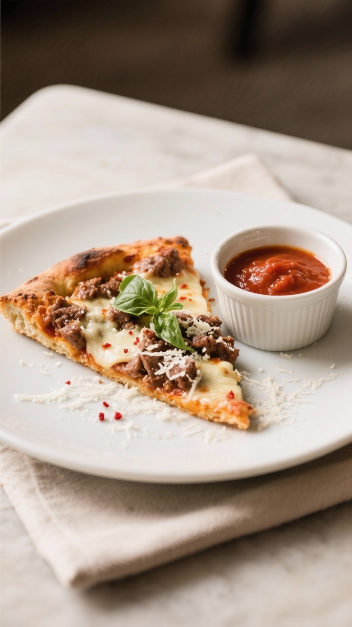 Final dish presentation: Restaurant-style plated slice of Meatzza on a matte white plate with a smal