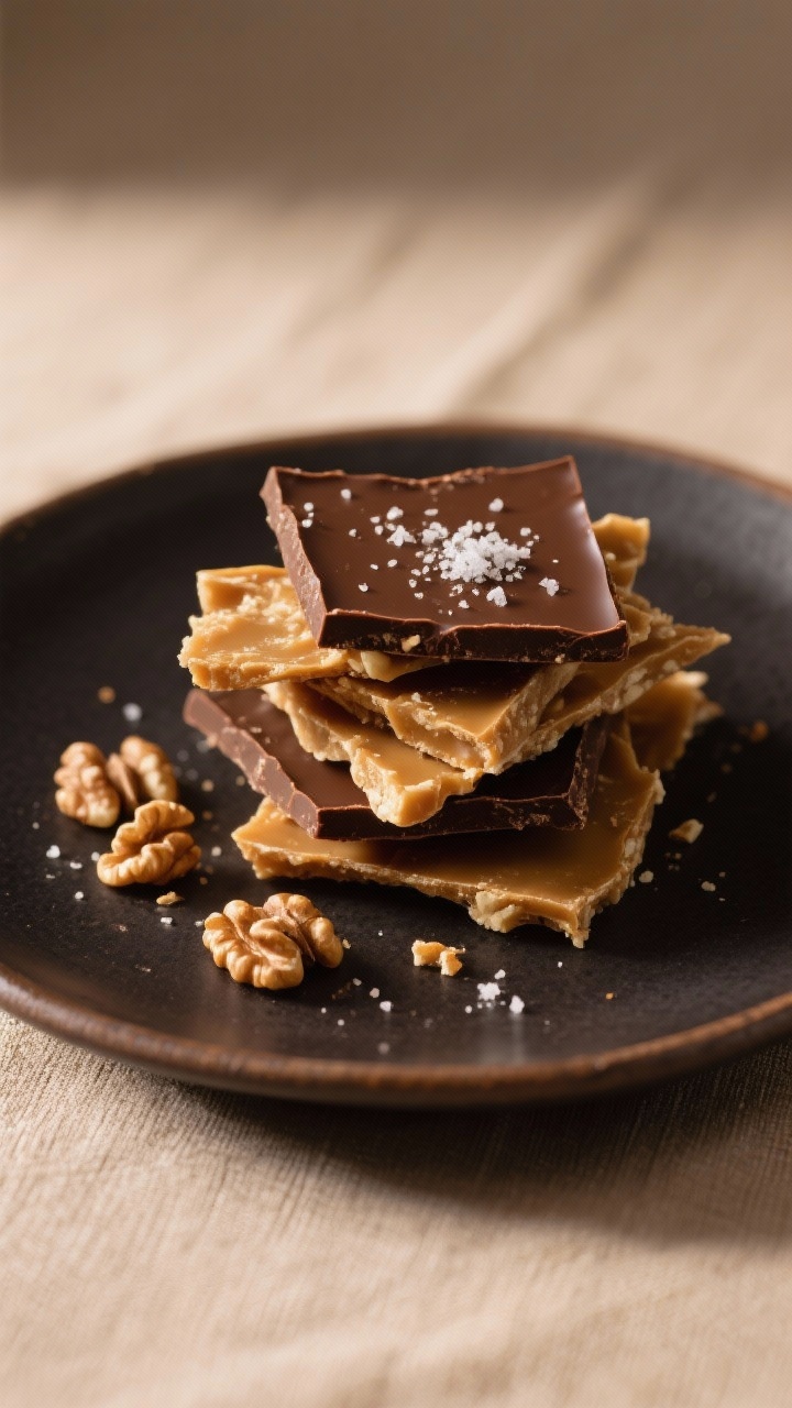 Final dish presentation: Rustic shards of buttery walnut toffee stacked and fanned on a matte dark c