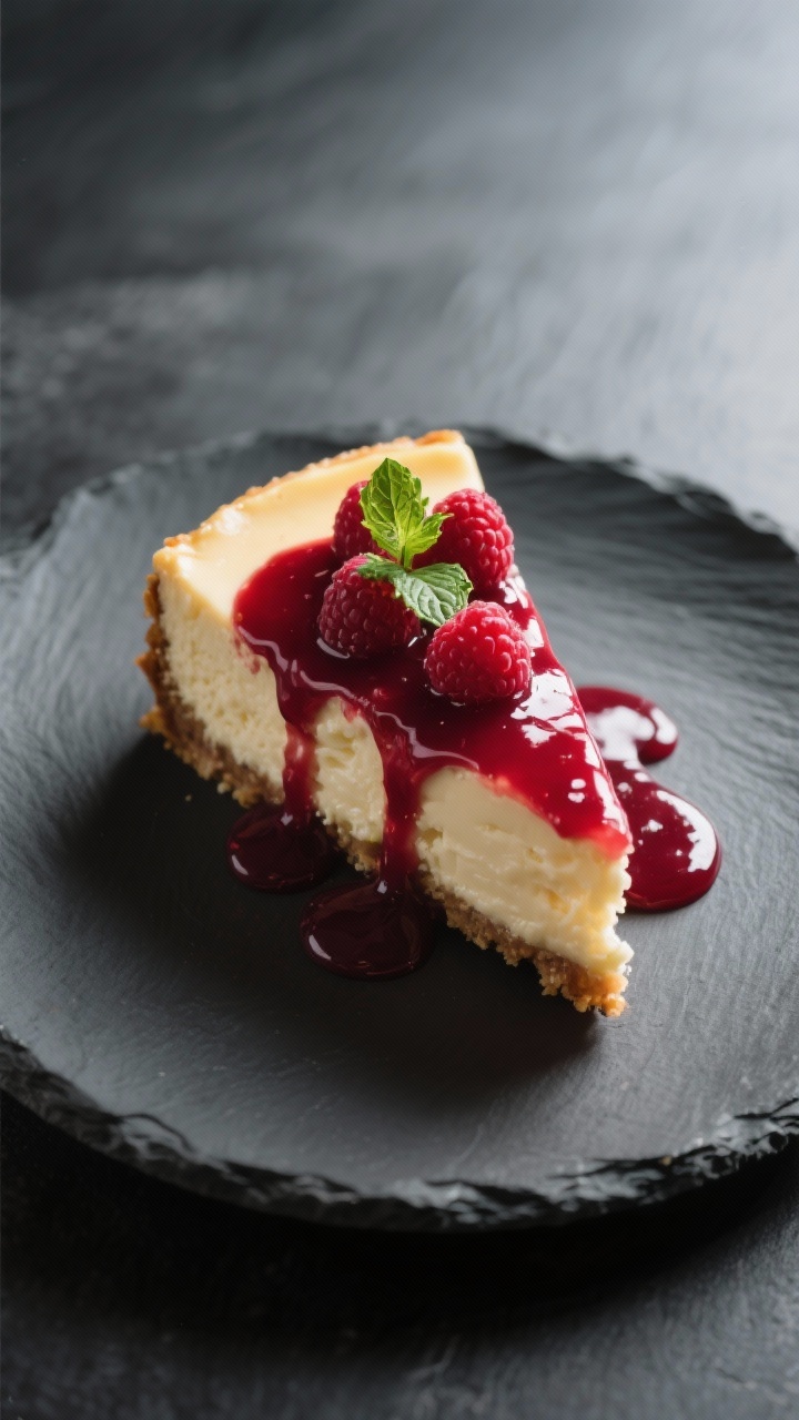 Final dish presentation: Slice of keto cheesecake on a dark slate plate crowned with thick, reduced 