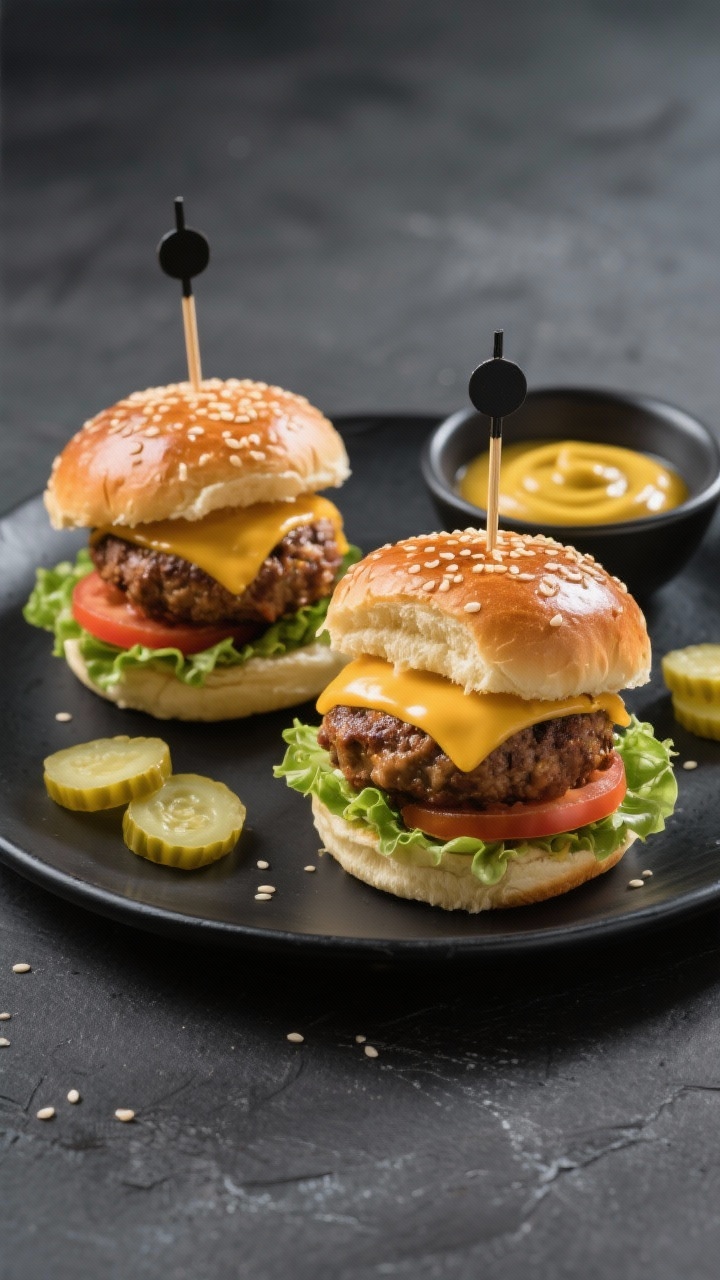Final dish presentation: Slider party scene—two burger balls tucked into soft slider buns with a s