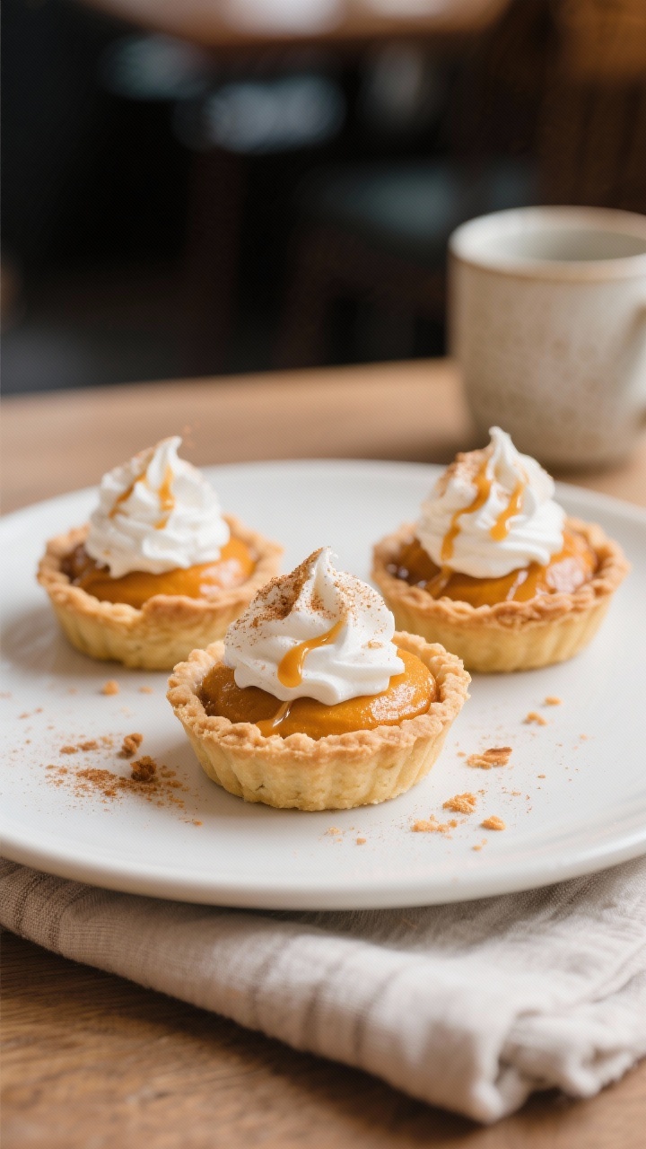 Final dish presentation: Three mini pumpkin pies on a matte white dessert plate, each topped with a