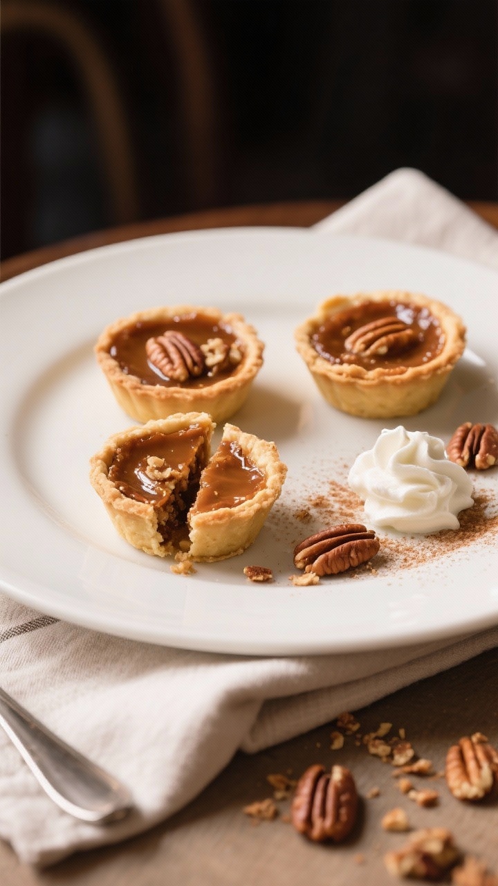 Final dish presentation: Three pecan pie tarts plated on a matte white dessert plate, one tart split