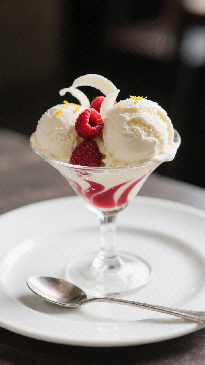 Final dish presentation: Two elegant scoops of White Chocolate Raspberry Ice Cream in a chilled coup