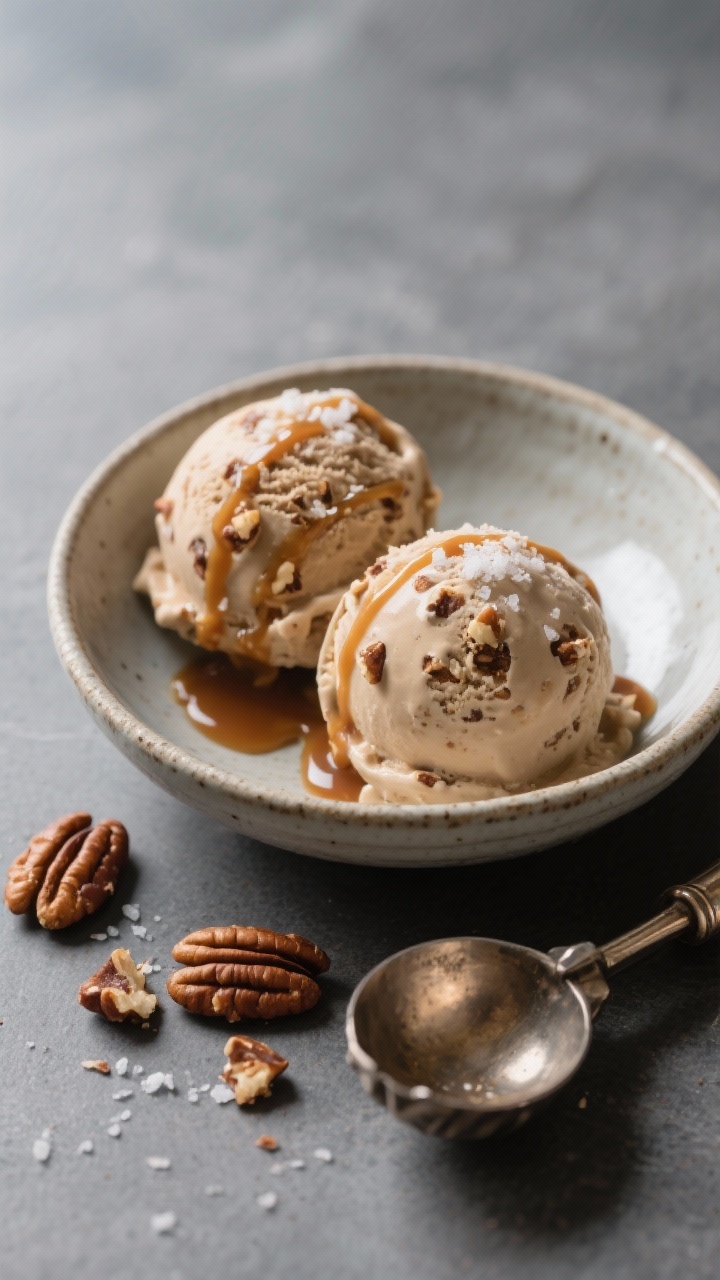 Final dish presentation: Two perfect scoops of pecan praline ice cream in a chilled shallow ceramic 