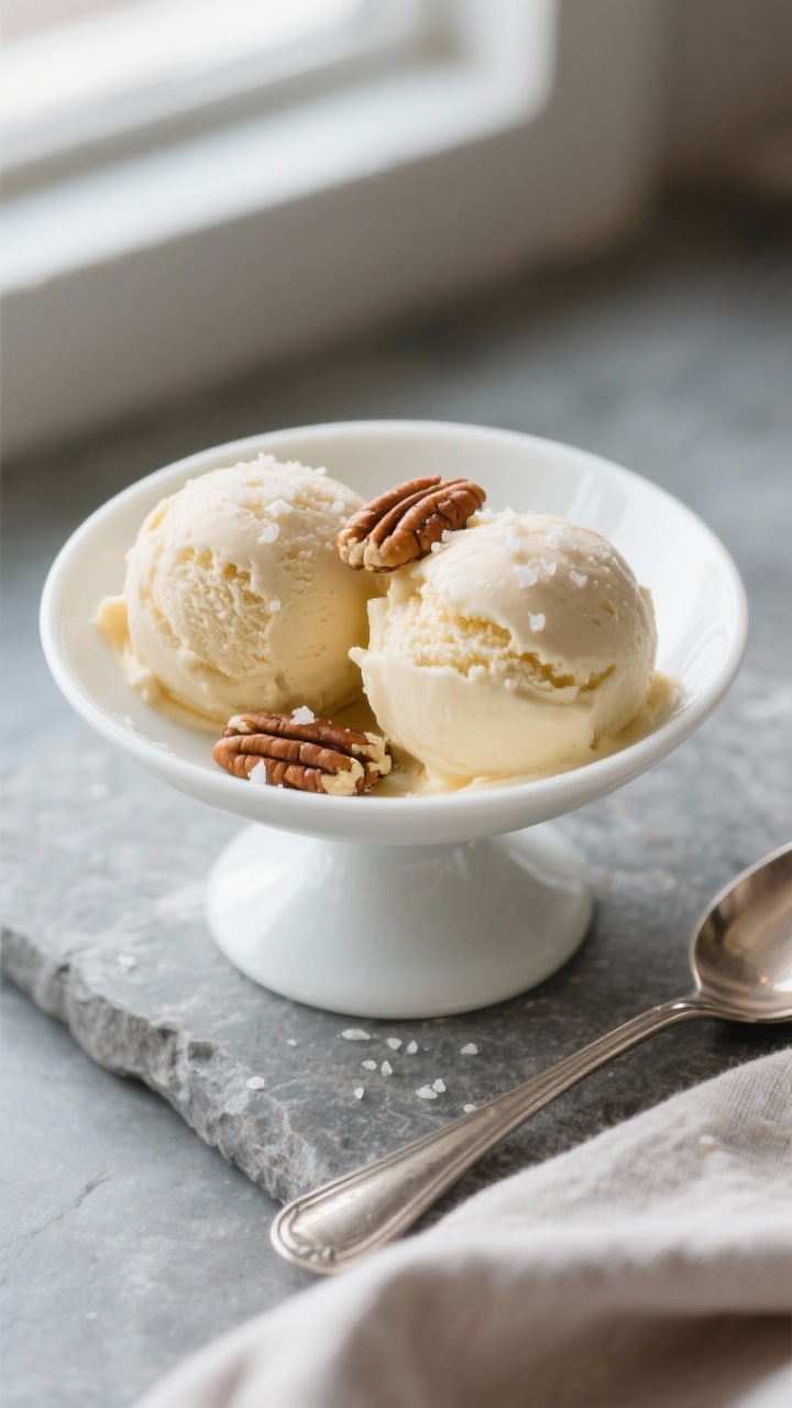 Final dish presentation: Two perfectly round scoops of Keto Butter Pecan Ice Cream in a chilled whit