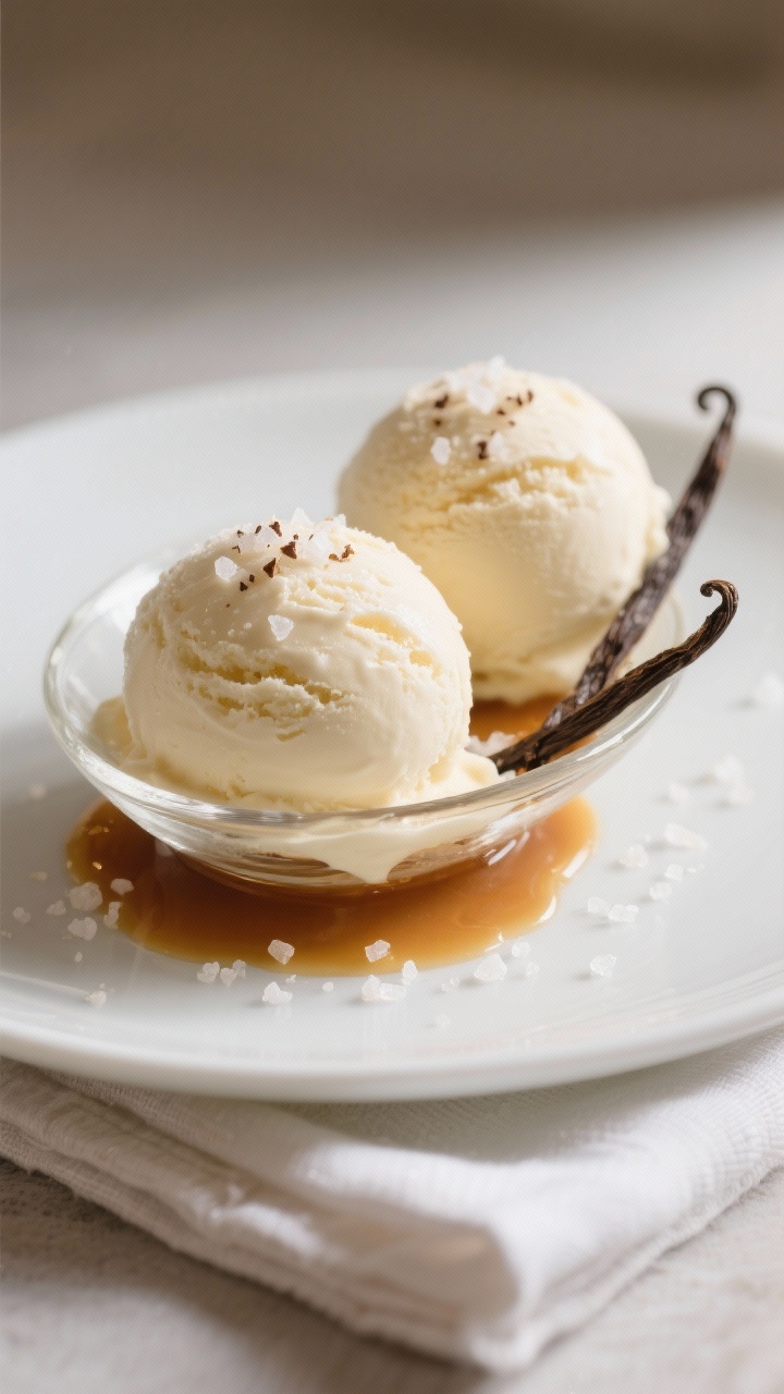 Final dish presentation: Two perfectly round scoops of classic vanilla ice cream in a chilled shallo