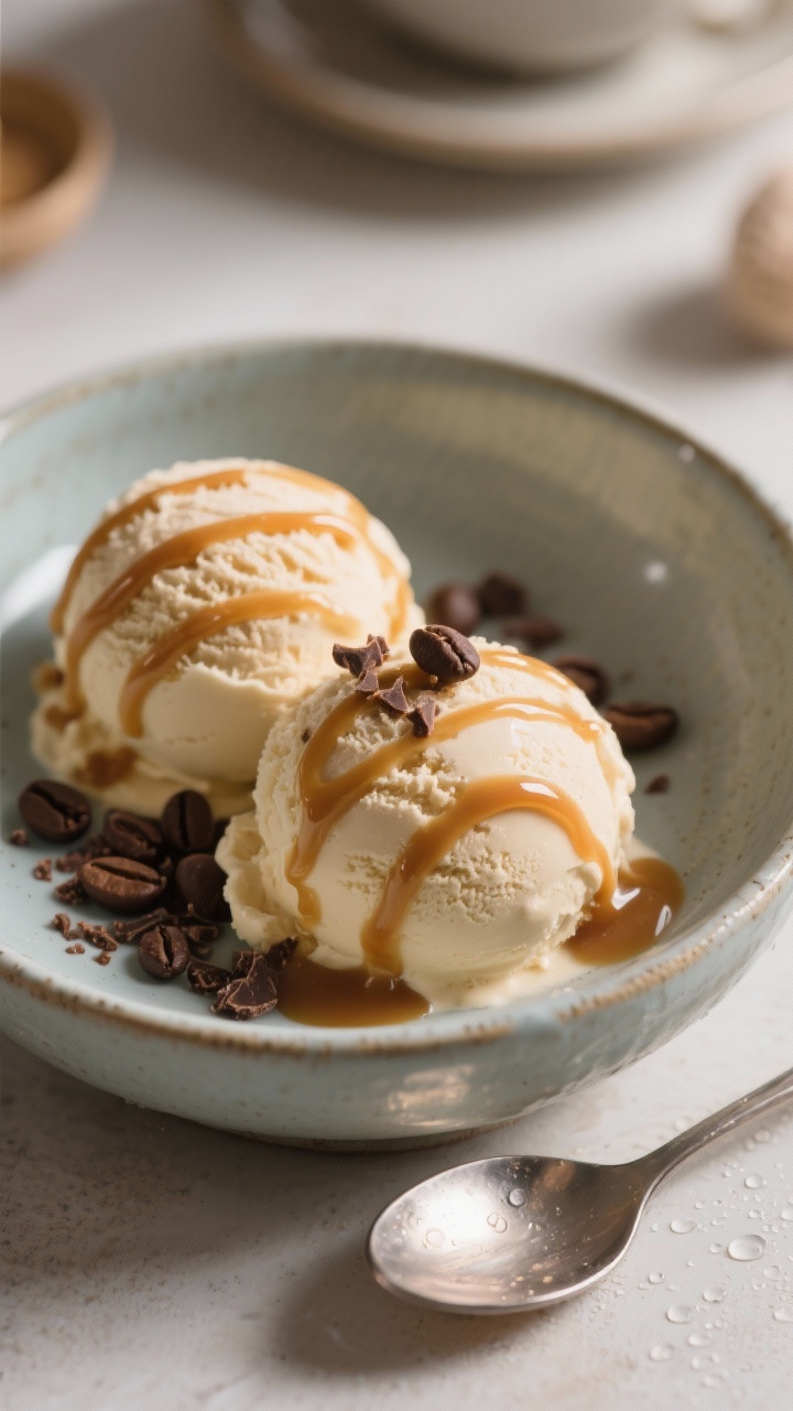 Final dish presentation: Two perfectly round scoops of Sweet Cream Coffee Caramel Ice Cream in a coo