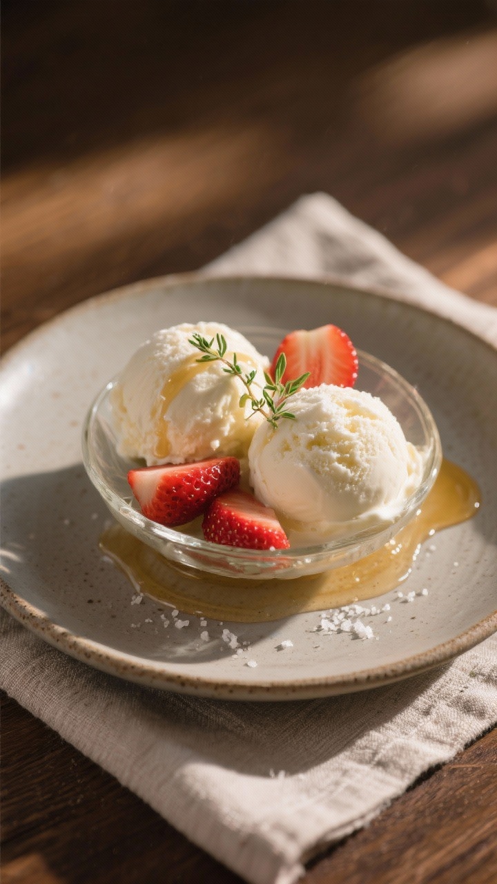 Final dish presentation: two perfectly rounded scoops of strawberry ricotta ice cream in a chilled s