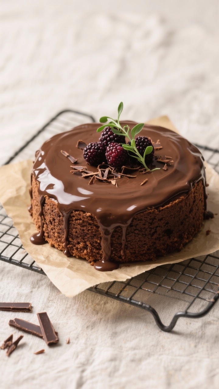 Final dish presentation: Whole Almond Flour Chocolate Cake on a cooling rack, fully released from th