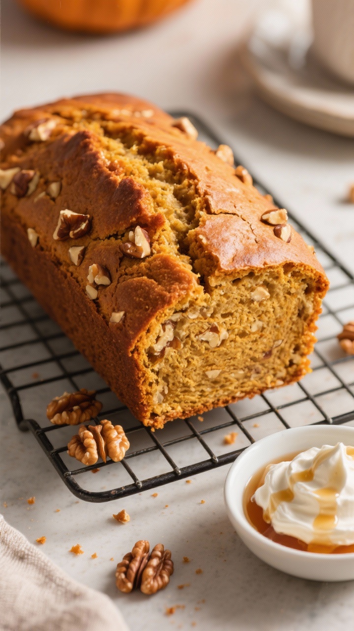 Final dish presentation: Whole baked pumpkin bread loaf on a cooling rack, domed with a gentle crack