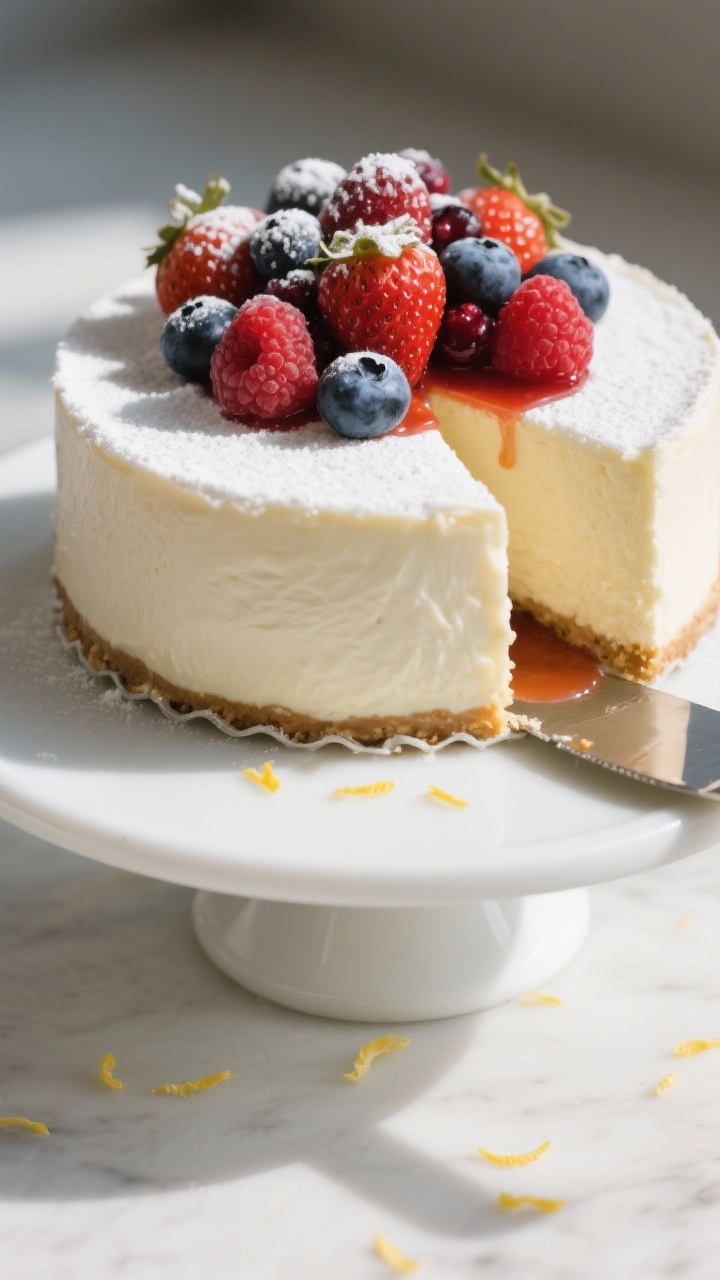Final dish presentation: Whole chilled cheesecake on a matte white cake stand, pristine sides after