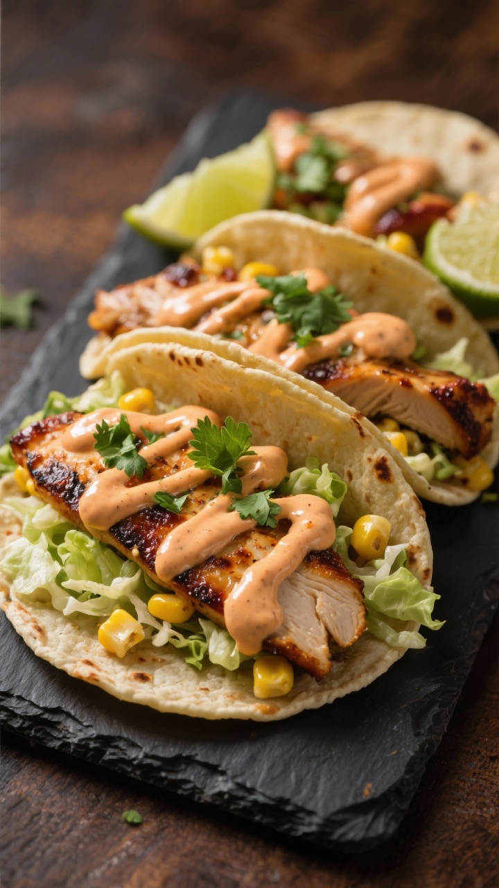 Final dish: Restaurant-quality drizzle shot—tacos on a dark slate platter topped with grilled chic