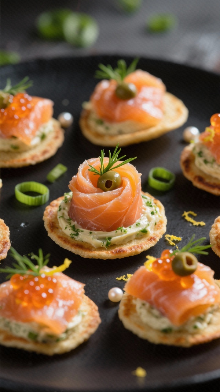 Final dish, restaurant-quality plating: Close crop of an elevated party-ready plate of smoked salmon