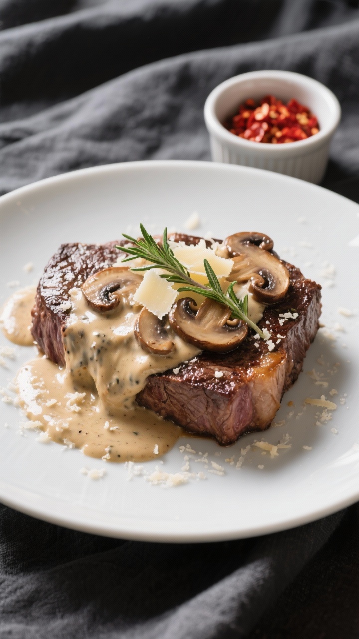 Final dish: Restaurant-style plate of seared steak topped generously with keto mushroom cream sauce,